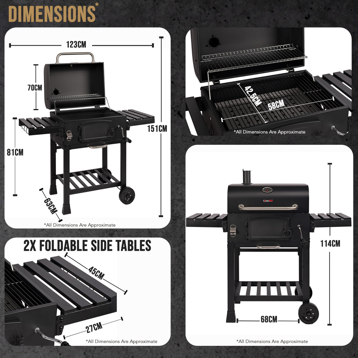 XL Charcoal Smoker Barbecue with Adjustable Coal Tray & Folding Side Tables