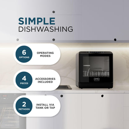 5L Compact Table Top Dishwasher with Touch Control, Drying & Fruit Wash - Black