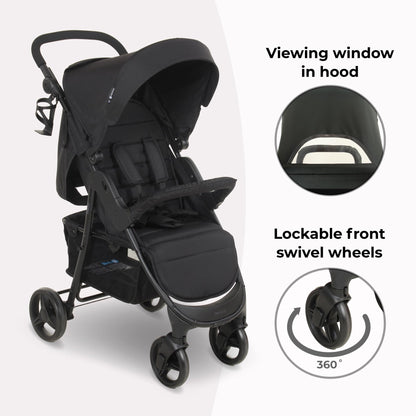 Compact Baby & Toddler Pushchair with Adjustable Recline, Large Basket & Rain Cover - Black
