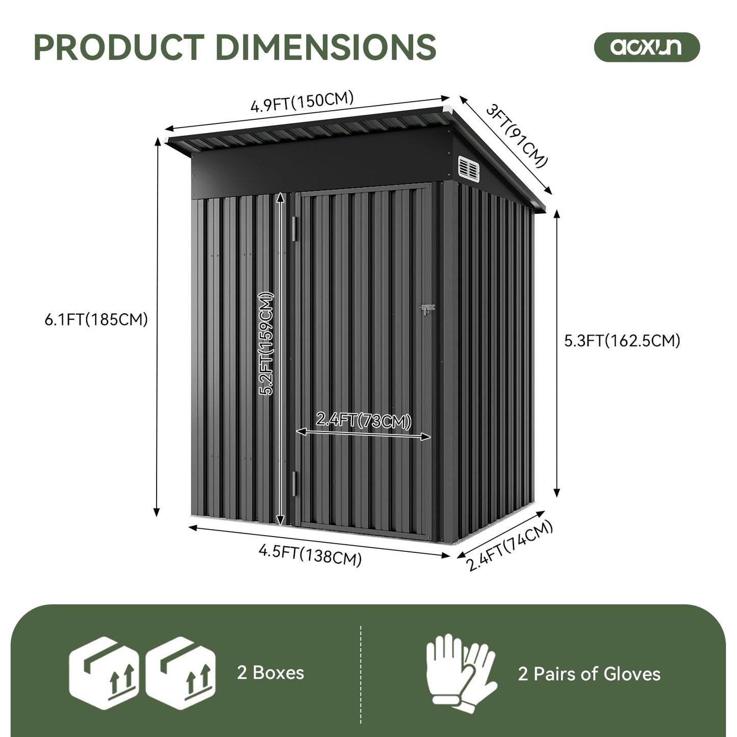 5 x 3ft Galvanised Metal Garden Storage Shed with Floor & Adjustable Shelves