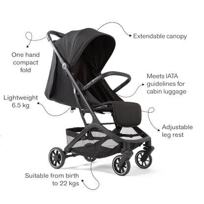 Cabin Size Compact Fold Travel Stroller from Birth to 22kg - Black