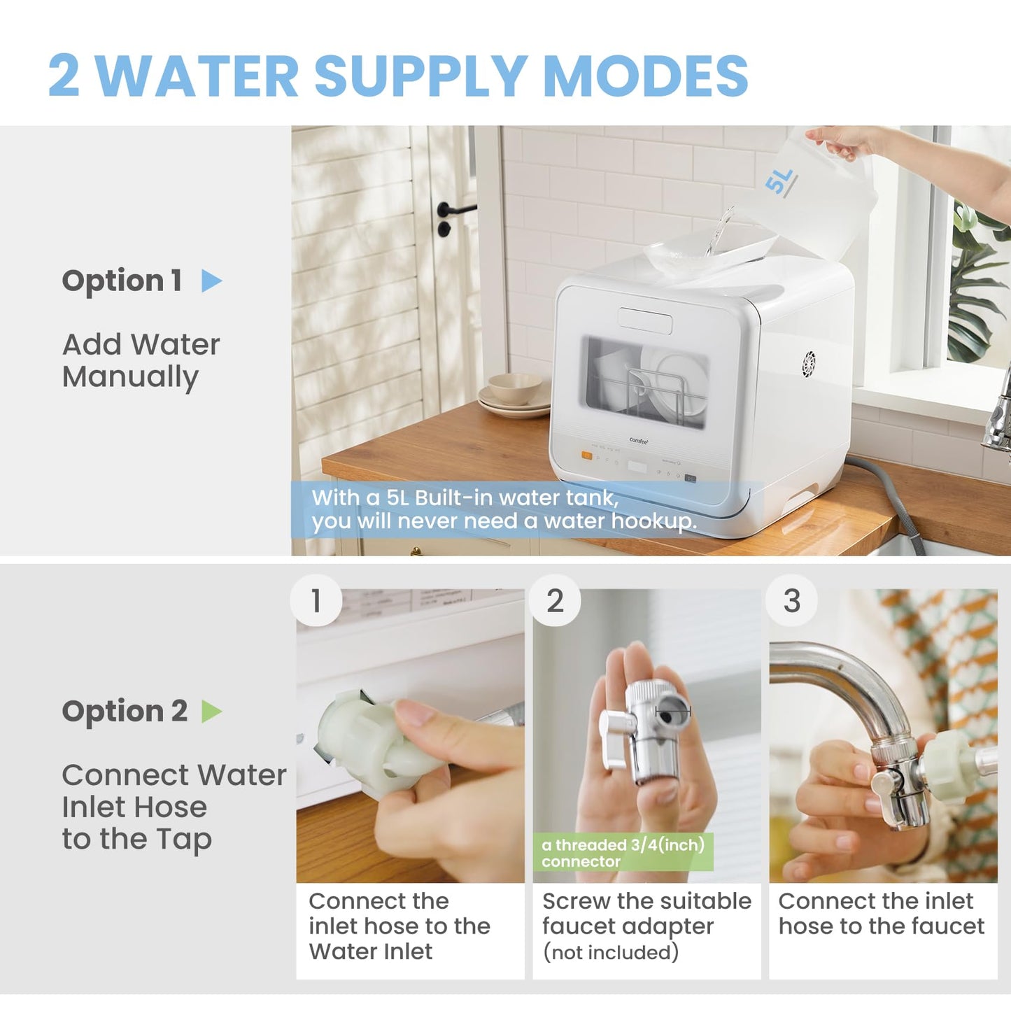 Compact Table Top Dishwasher with 5L Water Tank, 6 Wash Programs & Steam Function - White