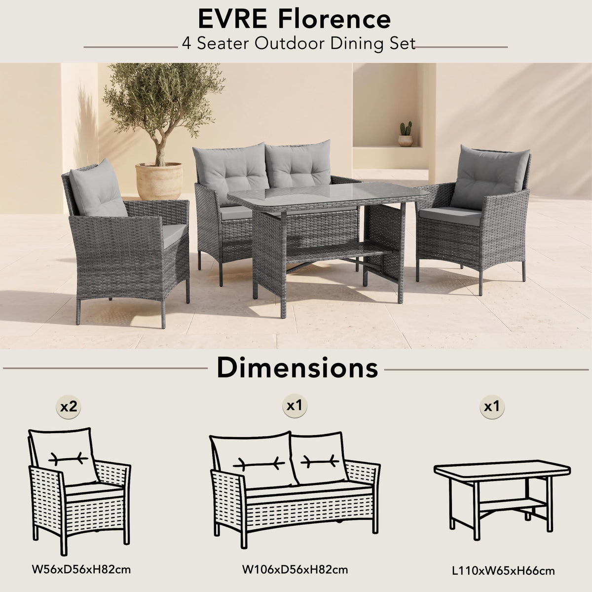 4 Seater Outdoor Rattan Dining Furniture Set with Glass Table