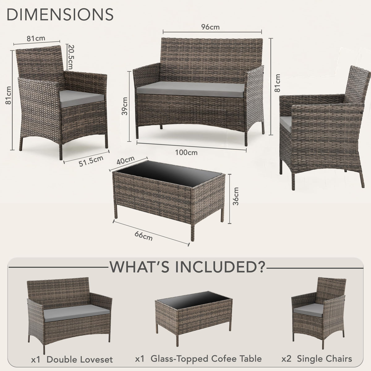 4 Seater Outdoor Rattan Sofa & Chair Set with Tempered Glass Table