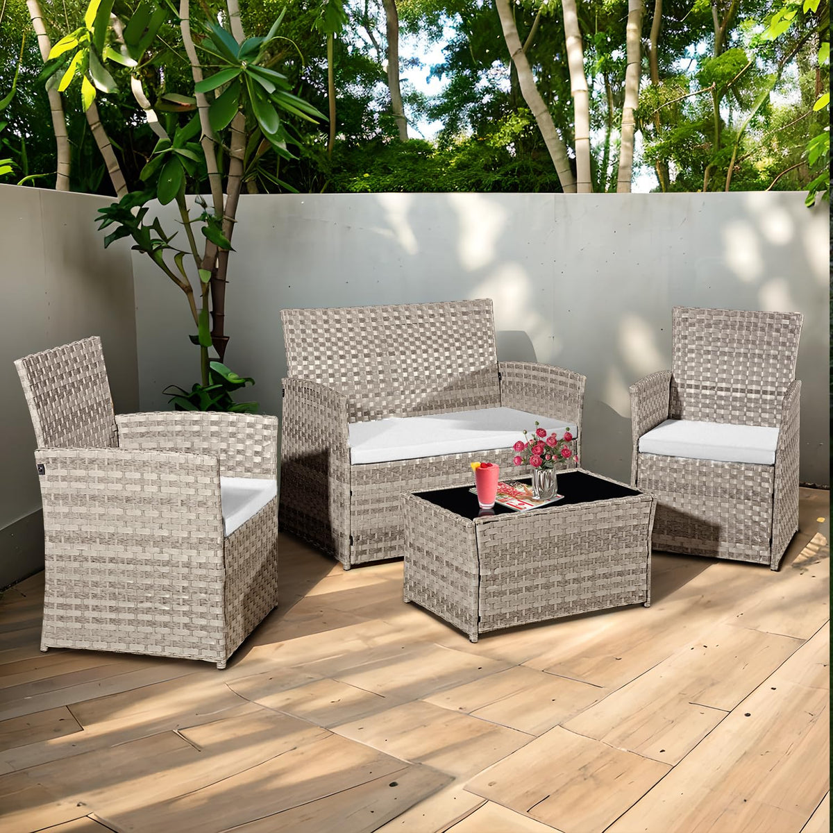 4 Person Rattan Patio Furniture Set with Sofa, Armchairs & Glass Table
