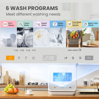 Compact Table Top Dishwasher with 5L Water Tank, 6 Wash Programs & Steam Function - White