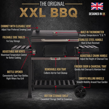 XXL Charcoal Smoker Barbecue with Adjustable Coal Tray & Thermometer