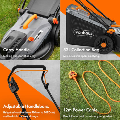 1800W Electric Lawn Mower with 43cm Cutting Width, 52L Grass Box & Mulching Function