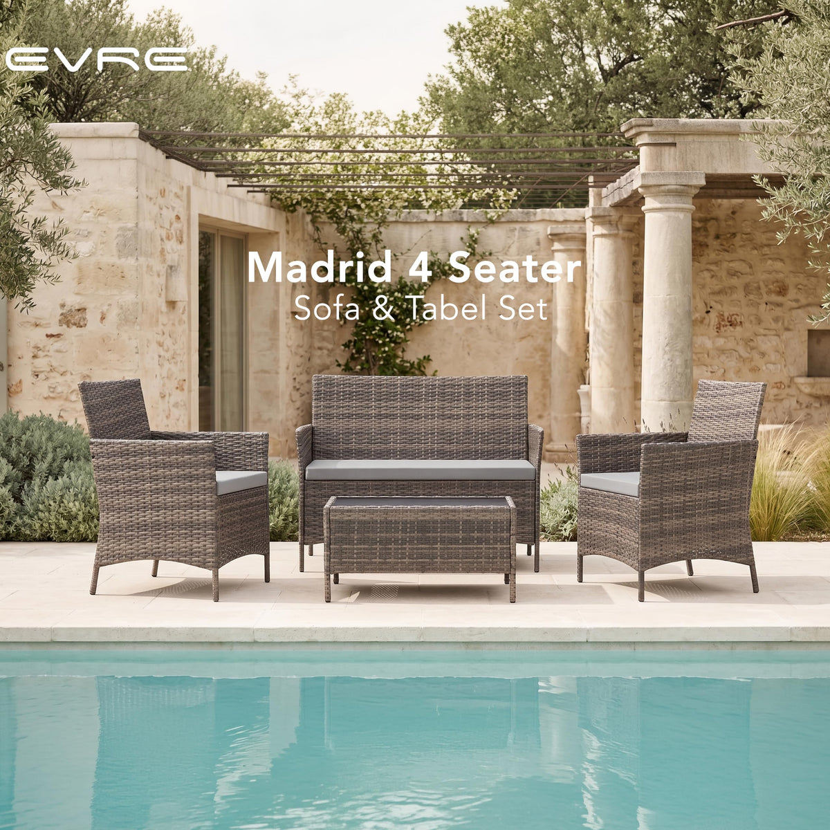 4 Seater Outdoor Rattan Sofa & Chair Set with Tempered Glass Table