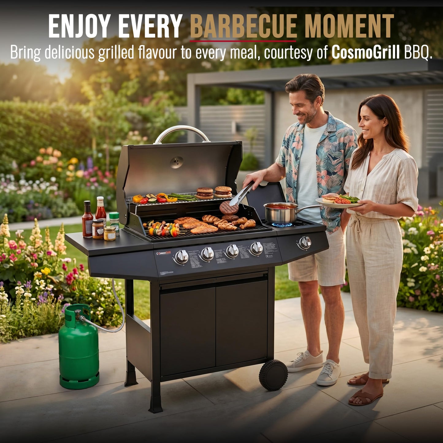 5 Burner Gas Barbecue Grill with Side Burner, Warming Rack & Storage