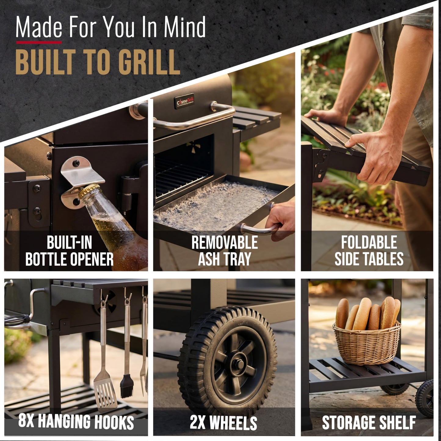 XL Charcoal Smoker Barbecue with Adjustable Coal Tray & Folding Side Tables